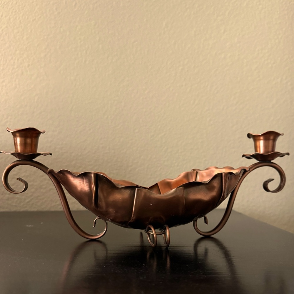Gregorian Copper Centerpiece - Bowl with 2 Tapered Candle Holders - USA/Vintage